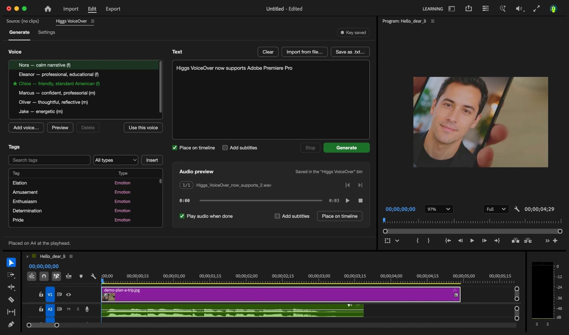 Higgs VoiceOver docked in Adobe Premiere Pro beside the Program monitor, with its voice list, tag browser and Generate button above the timeline